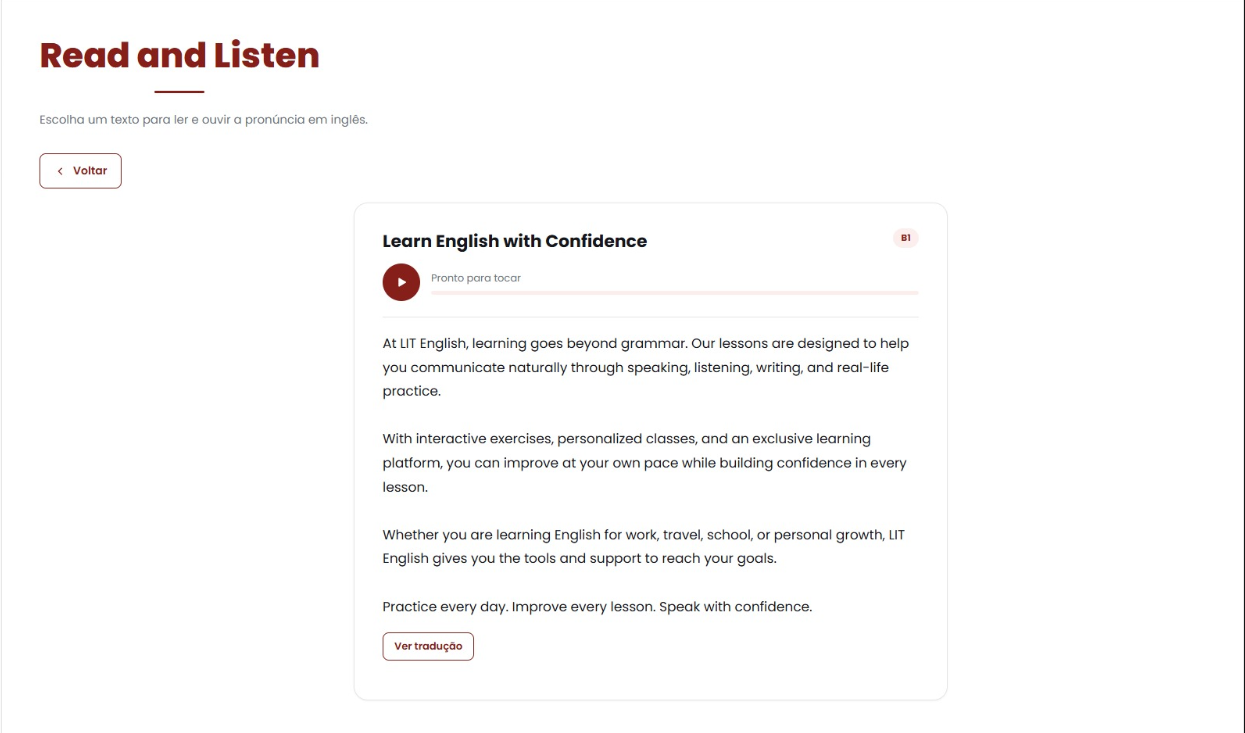 Tela Read and Listen da plataforma LIT English